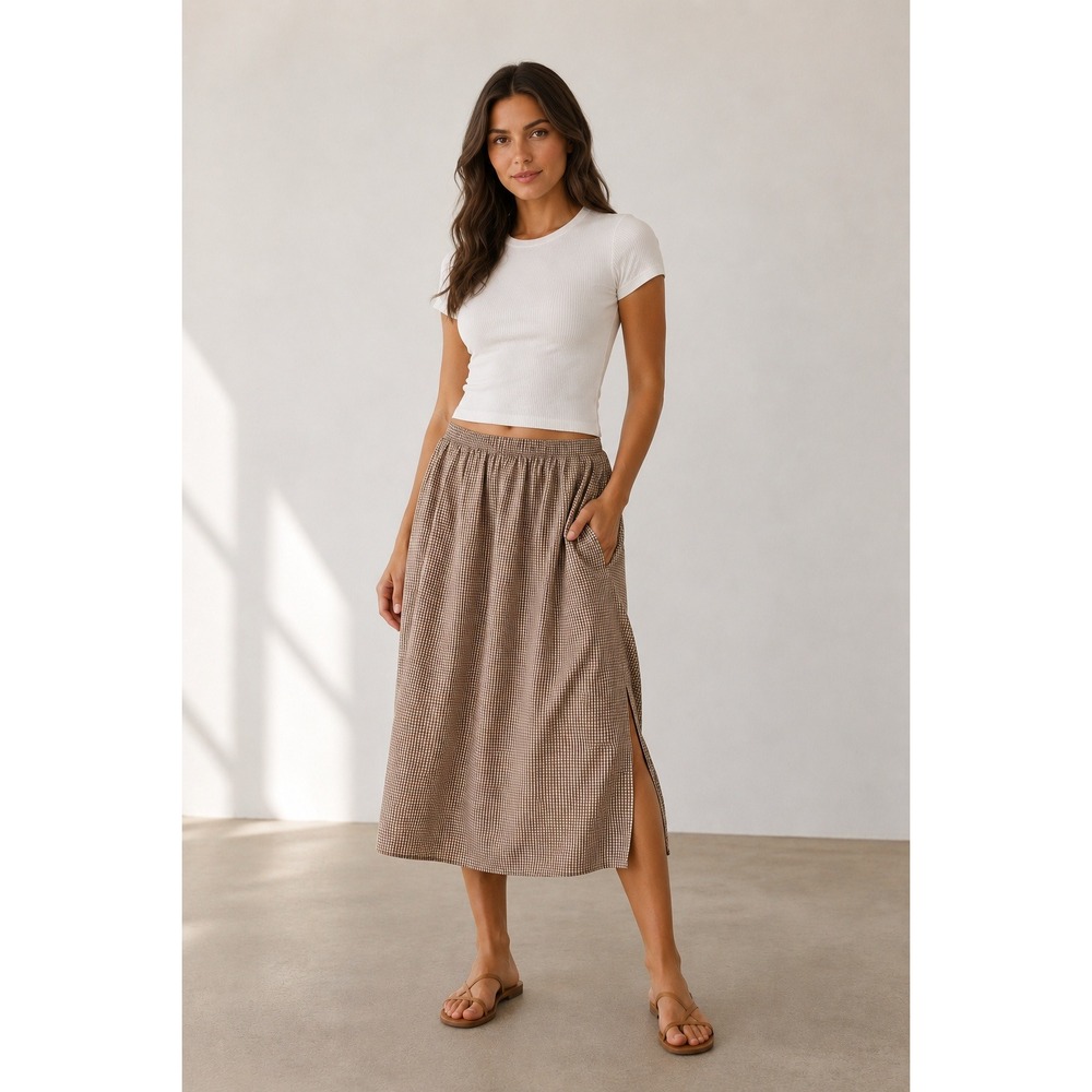 Gingham Midi Skirt Brown white Pull On Pockets Cotton Blend Lightweight Sz L